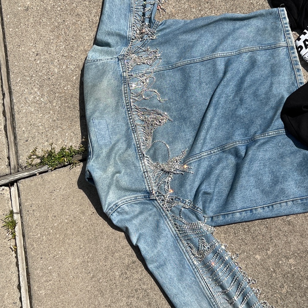 Custom crystal fringe denim jacket - Picture 2 of 6